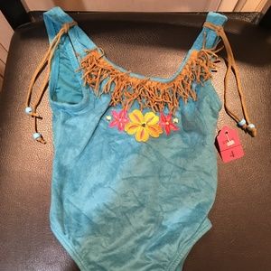 Girl's 1PC Tank Turquoise Fringe Bathing Suit Sz 4 NWT